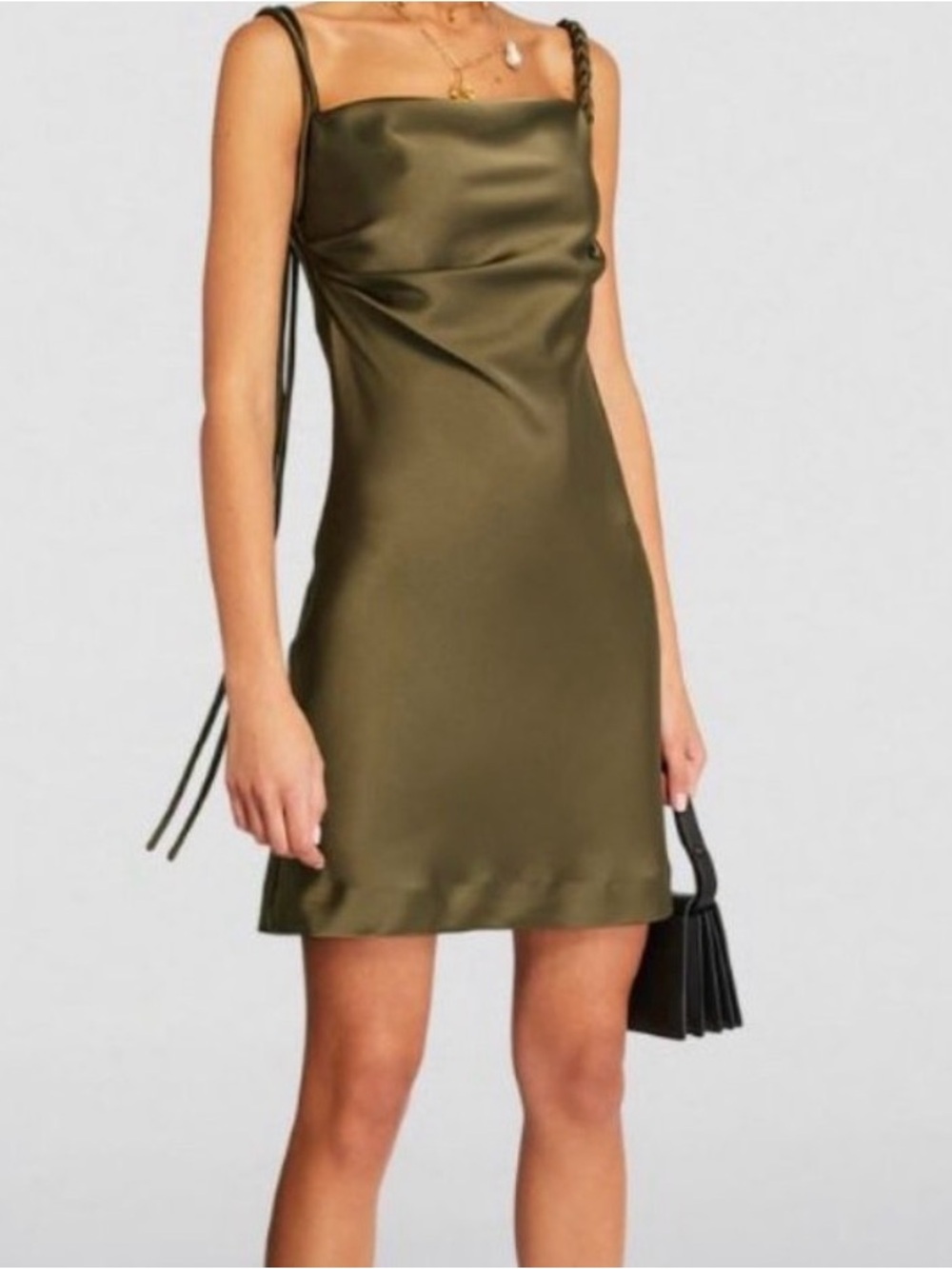 House of Harlow 1960 Olive Satin Slip Mini Dress XS sleeveless braid strap